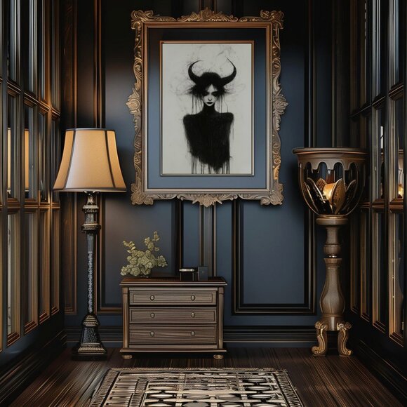 Original Girl With Horns Art Print + Digital Copy, Paint Drip Sketch - Picture 2 of 8